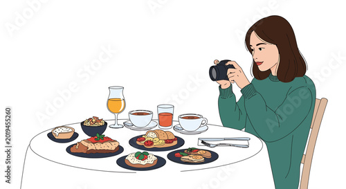 Young woman taking photos of food with camera at restaurant table
