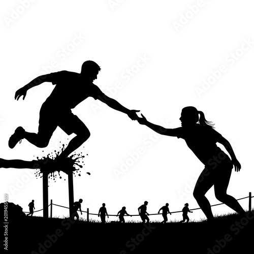 Athletes helping each other during outdoor obstacle course race