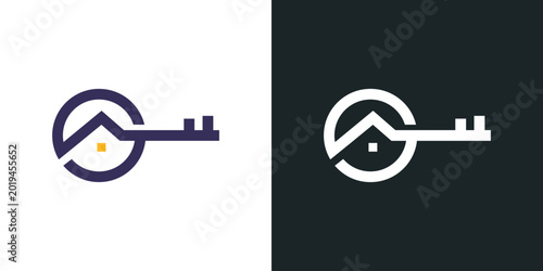 Tableau sur toile A clean, modern logo design featuring a key whose head cleverly forms a minimalist house with a small window, symbolizing real estate, property, and home security