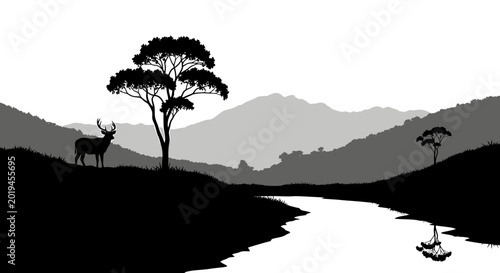 Stag silhouette in mountain landscape with river and trees