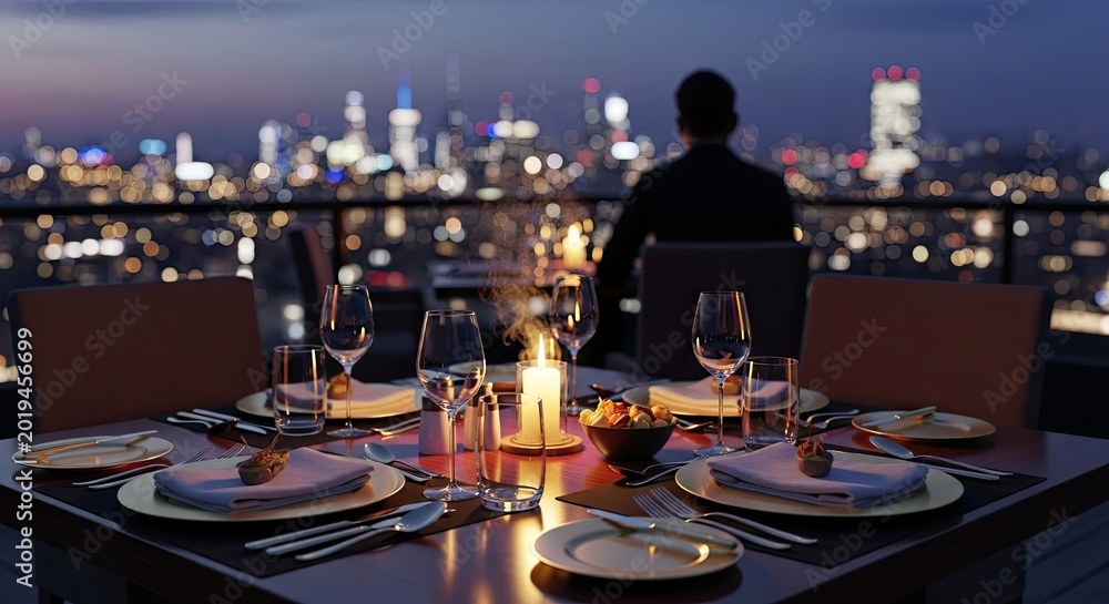 Obraz premium Luxury rooftop dining table with candles and city skyline view