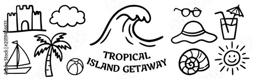 Cuadro en lienzo Tropical island getaway Doodle Vector Illustration