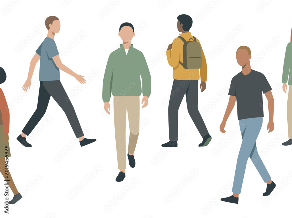 Fototapeta premium Diverse People Walking Together Flat Style Illustration