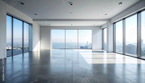 Bright modern empty apartment room with large glass windows featuring a scenic cityscape view on a clear sunny day for urban living design.