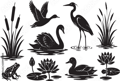 Canvas Print Set of Wetland Wildlife Silhouettes Featuring Water Birds Like Swans, Ducks, Herons, and Pond Plants Like Water Lilies, Cattails, Reeds, and a Frog for Nature and Wildlife Designs