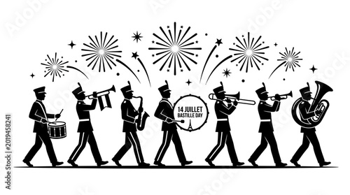 Foto Silhouette illustration of a marching band performing in a parade