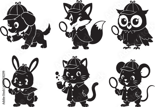 Foto Set of 6 Cute Detective Animal Silhouettes: Vector Collection of Dog, Fox, Owl, Rabbit, Cat, and Mouse Private Eyes with Magnifying Glasses and Sherlock Holmes Hats for Icons and Designs