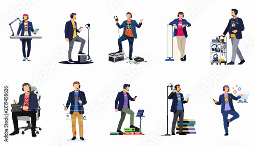 Fotografie Set of flat vector illustrations depicting modern male media professionals, broadcasters, podcasters, and streamers in various production and work scenarios