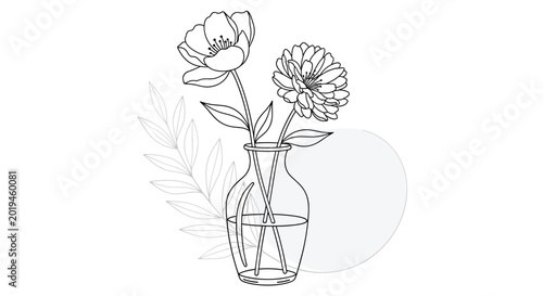 Elegant black and white line art drawing of two different flowers with a large leaf in a clear glass vase with water for decoration.