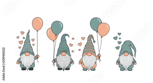 Group of four adorable garden gnomes hold colorful balloons and are surrounded by cute hearts in this fun art.
