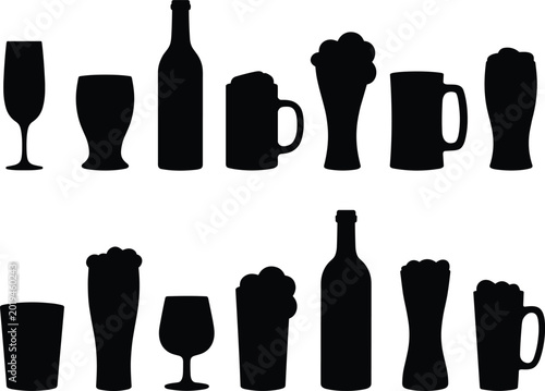 Quadro su tela Beer glass and bottle silhouette icons, alcoholic beverage collection for pub fe