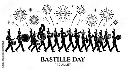 Billede på lærred Silhouette illustration of a military marching band celebrating Bastille Day