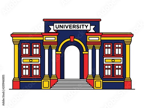 Colorful university building facade with columns and windows for education and academic campus themes in a flat vector style