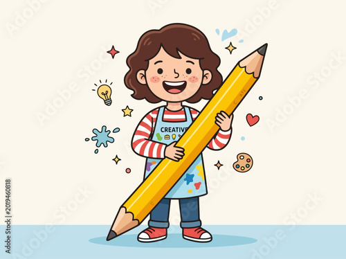 Cute creative girl holding a giant pencil with icons on a background