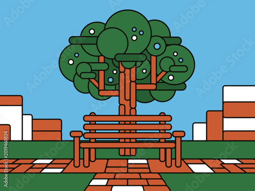 Flat vector illustration of a park bench under a tree in the city