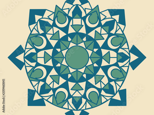 Geometric mandala pattern with blue and green shapes on beige background