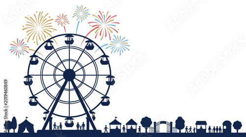Silhouette illustration of a ferris wheel with fireworks display at a carnival.