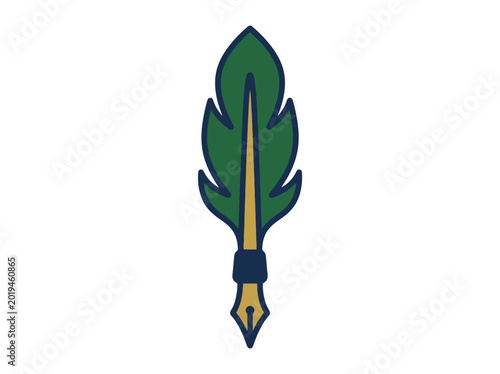 Green and gold quill pen vector illustration on white background with copy space, symbolizing history, literature, and education.