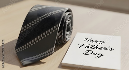 Necktie with handwritten fathers day note on wooden surface