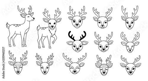 Collection of cute cartoon deer and reindeer head and full body illustrations in black and white line art for holiday themes.