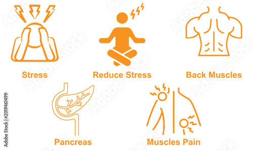 Modern healthcare icon set representing muscle pain, pancreas health, stress reduction, stress management, and back muscle support in a clean and professional vector style ideal for medical, wellness.