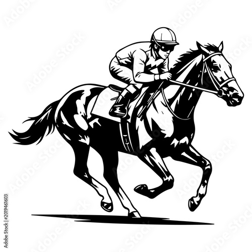 Jockey Riding Racehorse Vector Illustration, Horse Racing Dynamic Action Silhouette Clipart