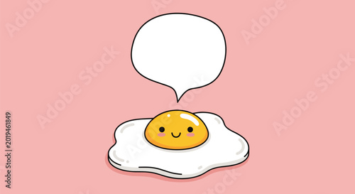Happy fried egg with a smiley face and a blank speech bubble is a fun culinary character for menus and food-themed designs.