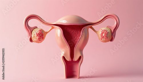 Uterus and ovaries illustration shows endometriosis symptoms like red dots on pink background. Represents reproductive health issues. Visualizes female body internal organs condition.