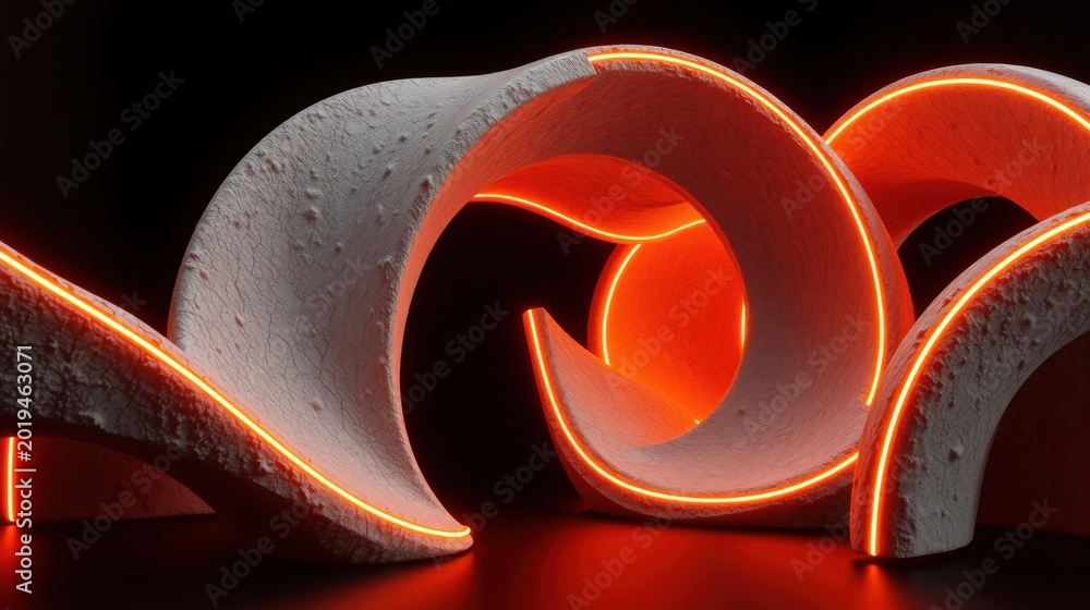 Fototapeta premium Abstract sculpture features curved forms, illuminated orange light within rough texture. Minimalist design, dark background creates dramatic effect.