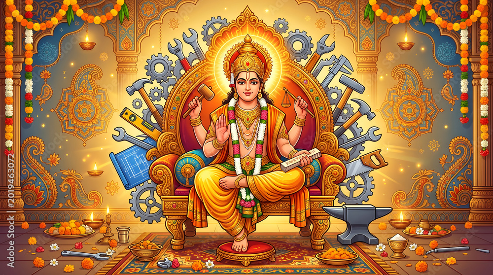 Obraz premium Lord Vishwakarma seated on throne surrounded by tools and divine aura.