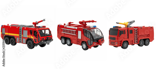 Photos Red fire engine fleet with ladders, cannons and hose gear, detailed emergency fi