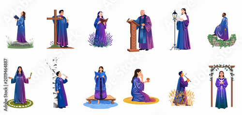 Canvas Print Collection of diverse people in ceremonial robes practicing faith through prayer, song, and rituals in natural and symbolic settings