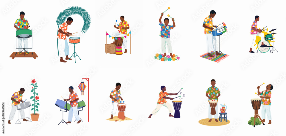 Fototapeta premium Set of flat vector illustrations featuring Caribbean musicians playing steel drums, djembe, and percussion in colorful tropical shirts on white background.