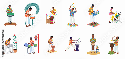 Tableau sur toile Set of flat vector illustrations featuring Caribbean musicians playing steel drums, djembe, and percussion in colorful tropical shirts on white background