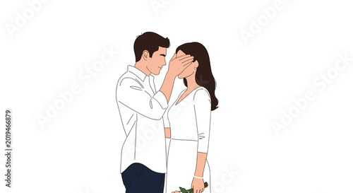 Man covering a woman's eyes with his hands to surprise her with a romantic gesture or a special and secret gift.