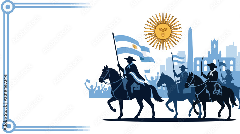 Fototapeta premium Silhouette of Argentine soldiers on horseback with national flags.