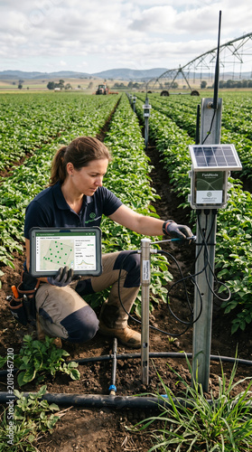 Woman installs wireless sensor in crop field
