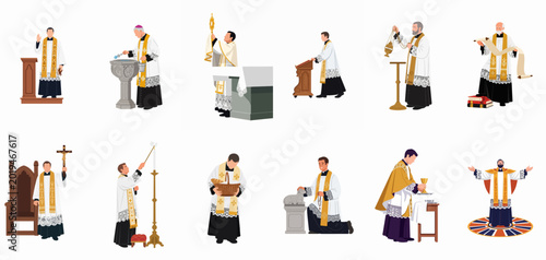Konstfotografi A comprehensive collection of flat vector illustrations featuring Catholic priests performing various religious ceremonies, liturgical rituals, and traditional duties on a white background