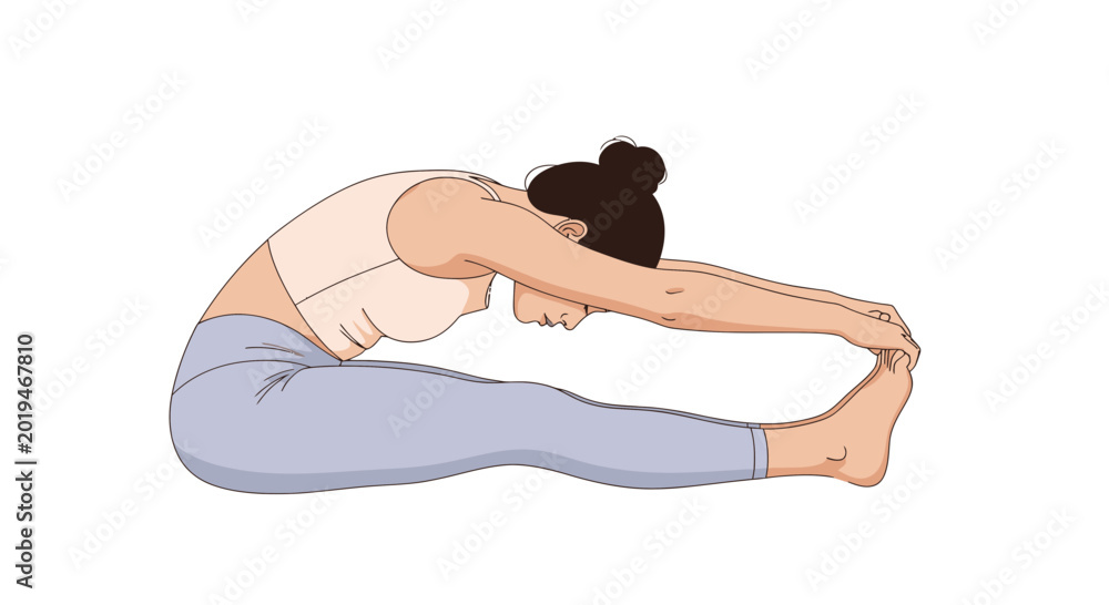 Fototapeta premium Woman doing Paschimottanasana yoga pose, seated forward bend, flexibility
