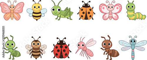 Cute Insect and Bug Icon Set with Butterflies, Bees, Ladybugs, and Ants for Kids, Nature, and Fun Designs