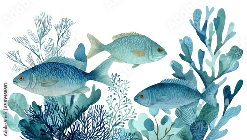 Three blue fish swim through teal coral and seaweed