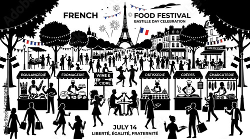Tableau sur toile French Food Festival Bastille Day Celebration Street Market Illustration