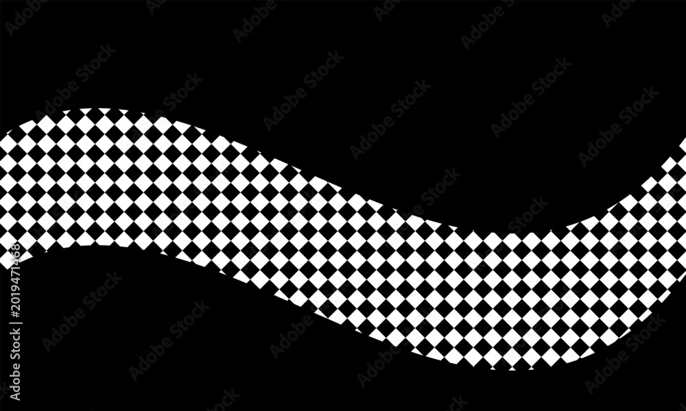 Fototapeta premium Wavy checkered racing flag pattern banner design element on a solid dark black background illustration