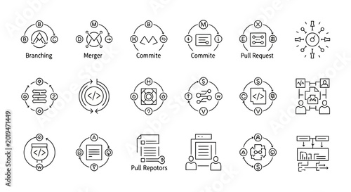 Cuadro en lienzo Vector line icon set illustrating software development lifecycle, code managemen
