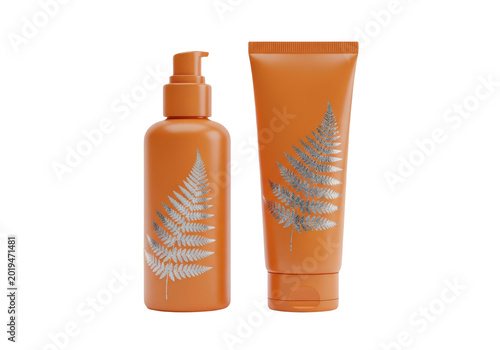 Orange cosmetic bottles with silver fern leaf design isolated on transparent background