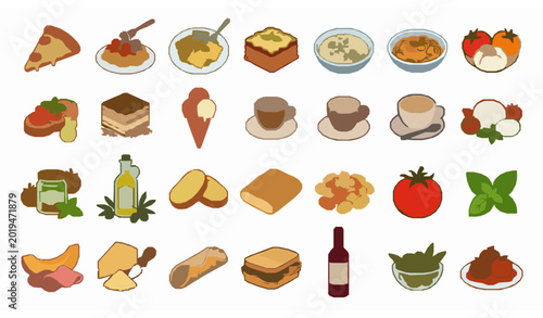 Obraz na plátne Italian Food Icons Pack Vector Collection with Pizza Pasta Dessert and Tradition