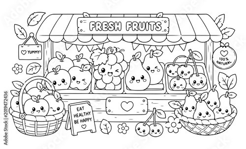Cute Kawaii Fruit Stand with Happy Apples, Pears, Cherries, and Grapes