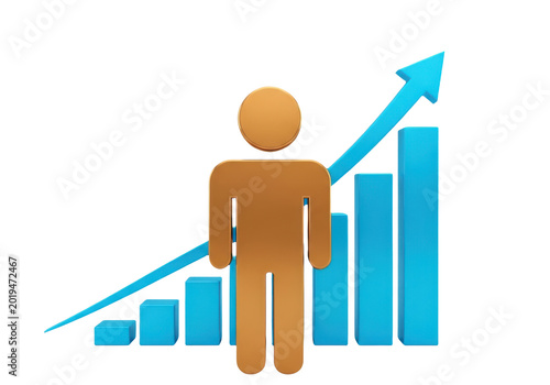 3d illustration of a human figure with a rising bar chart isolated on transparent background