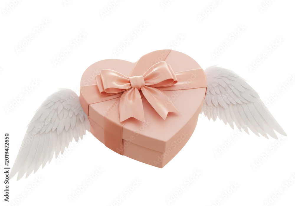Obraz premium 3d heart shaped gift box with white angel wings isolated on transparent background