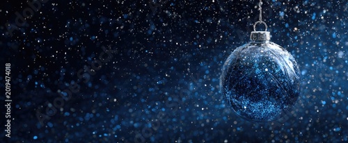 A single, transparent, blue, sparkling Christmas ornament hangs in a dark, glittering background